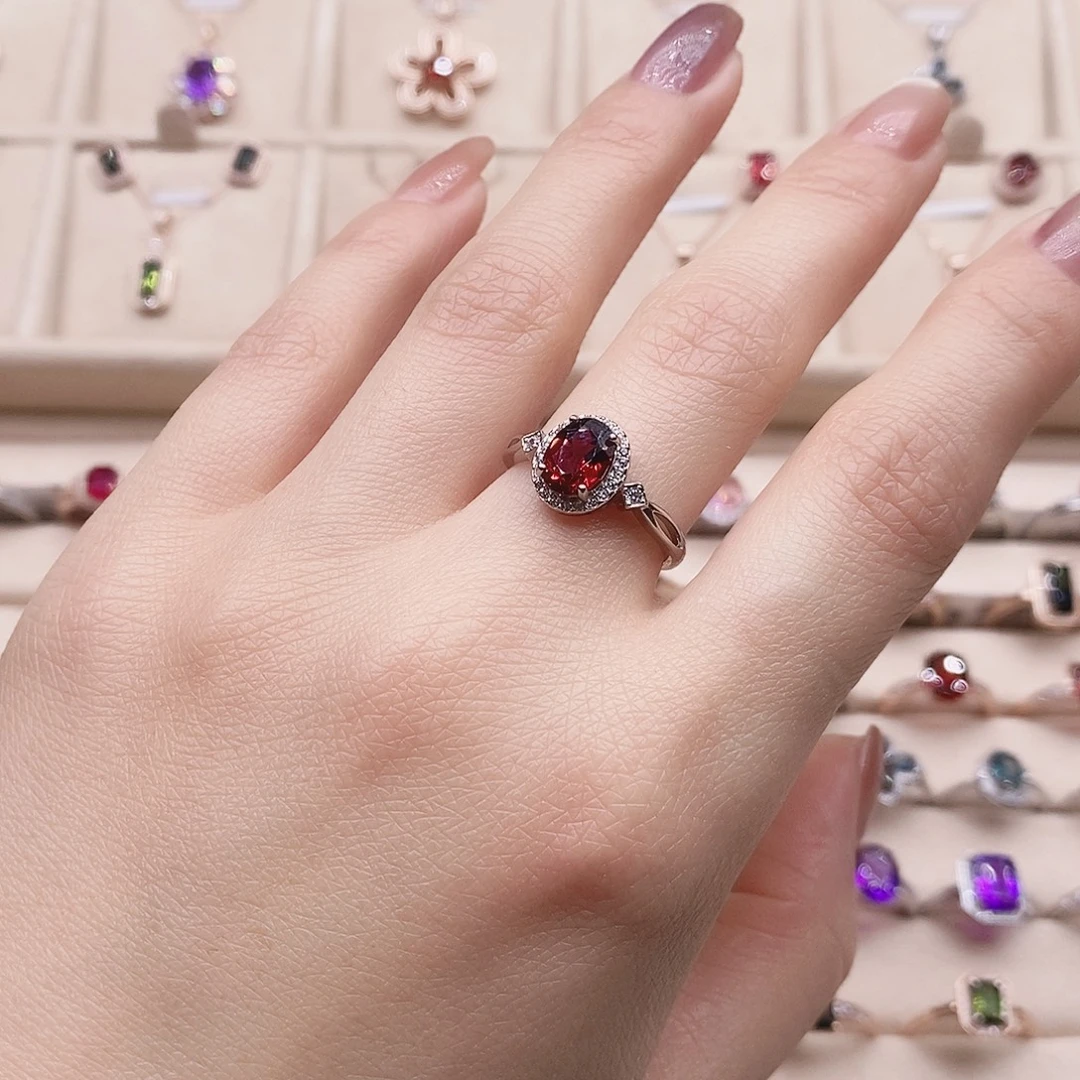戒指石榴石银S925镶嵌戒指
