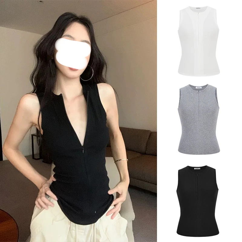 MosesQueen/魔西女王时髦凉感拉链无袖上衣女夏修身显瘦打底背心