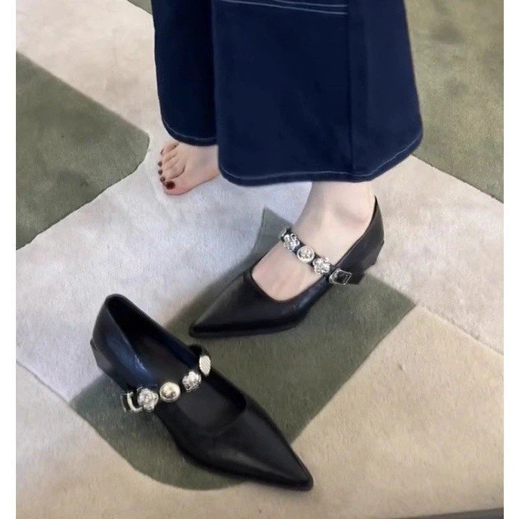 网红爆款气质粗跟玛丽珍鞋女2025年新款法式尖头一字带通勤单鞋女