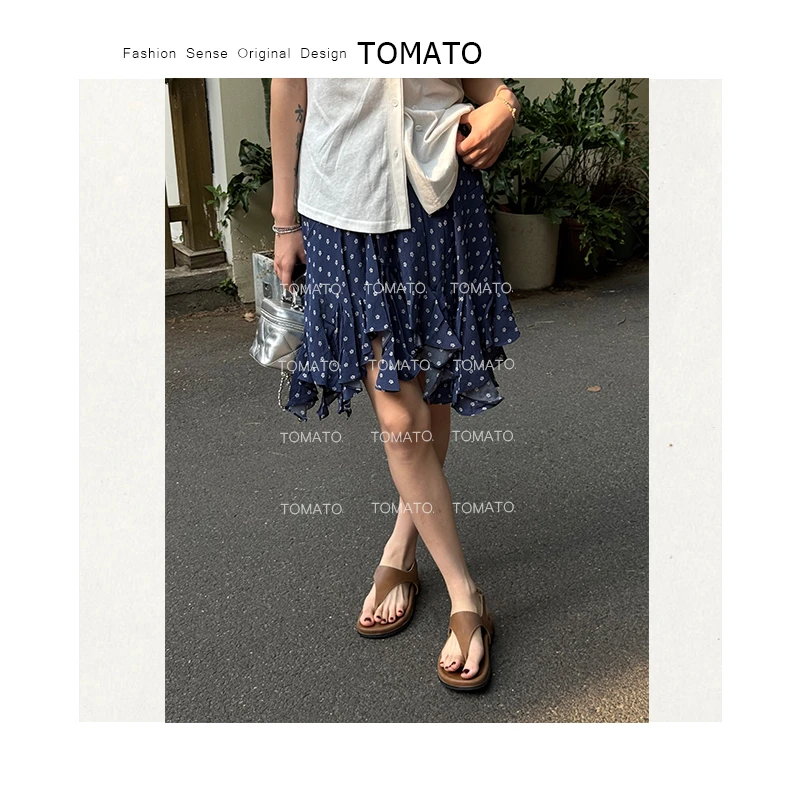 【TomaTo】西西里 夏季深蓝白花法式复古不规则个性半身裙C25Q05312