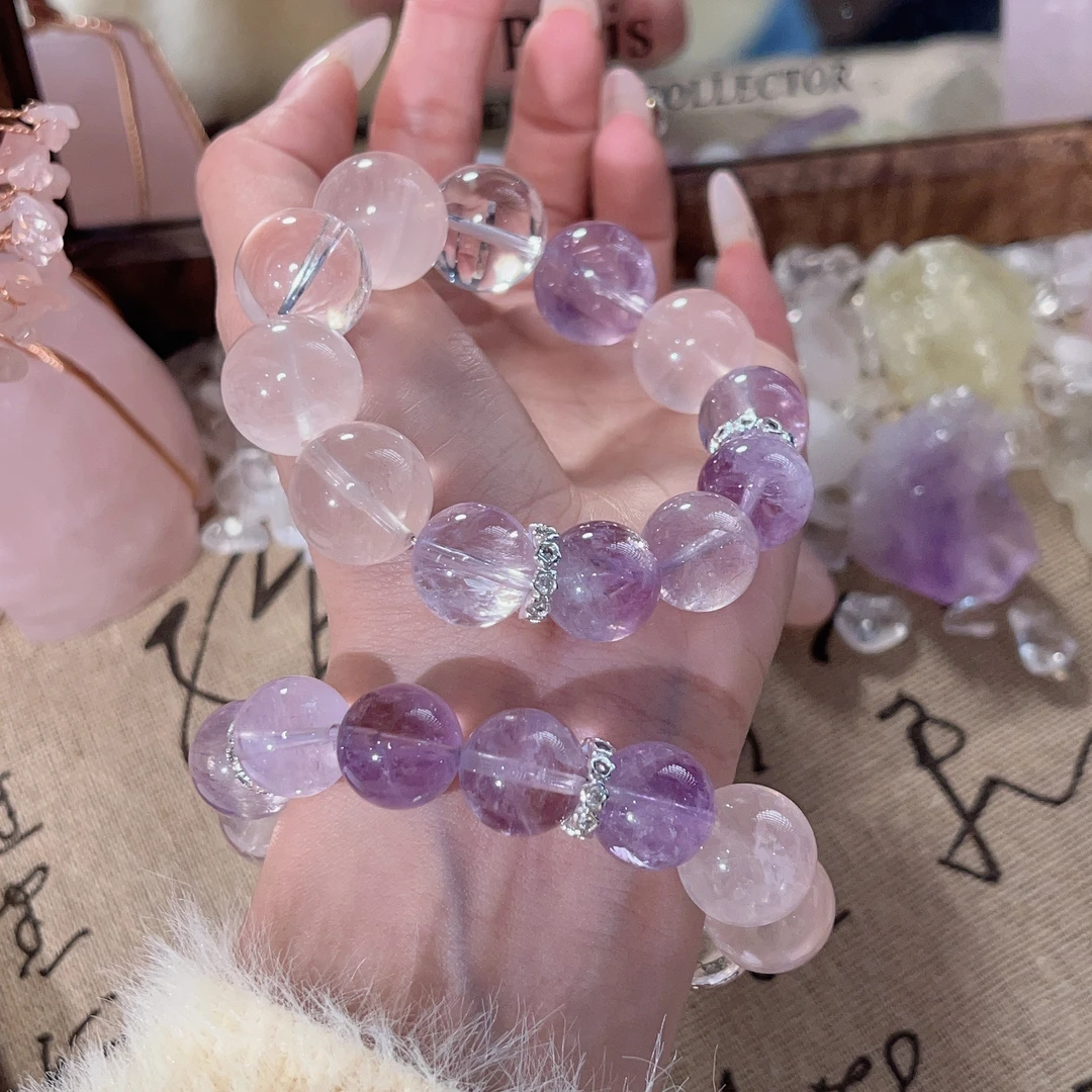 【宝藏】14m紫水晶+16m西柚粉+16m白水晶手串原创设计天然水晶Y71