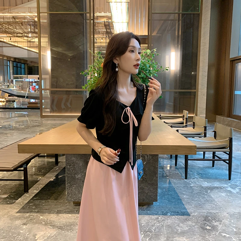奢姿夏季新款大码女装收褶方领裙子胖妹妹撞色假两件连衣裙