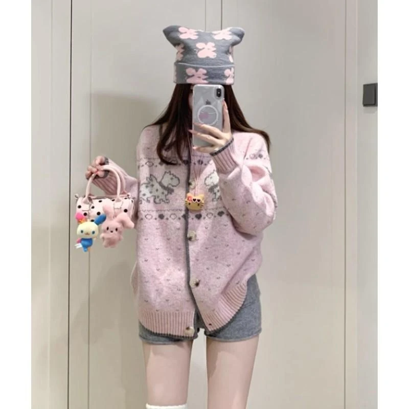 氛围感费尔岛毛衣外套女秋季小狗提花针织开衫软糯上衣