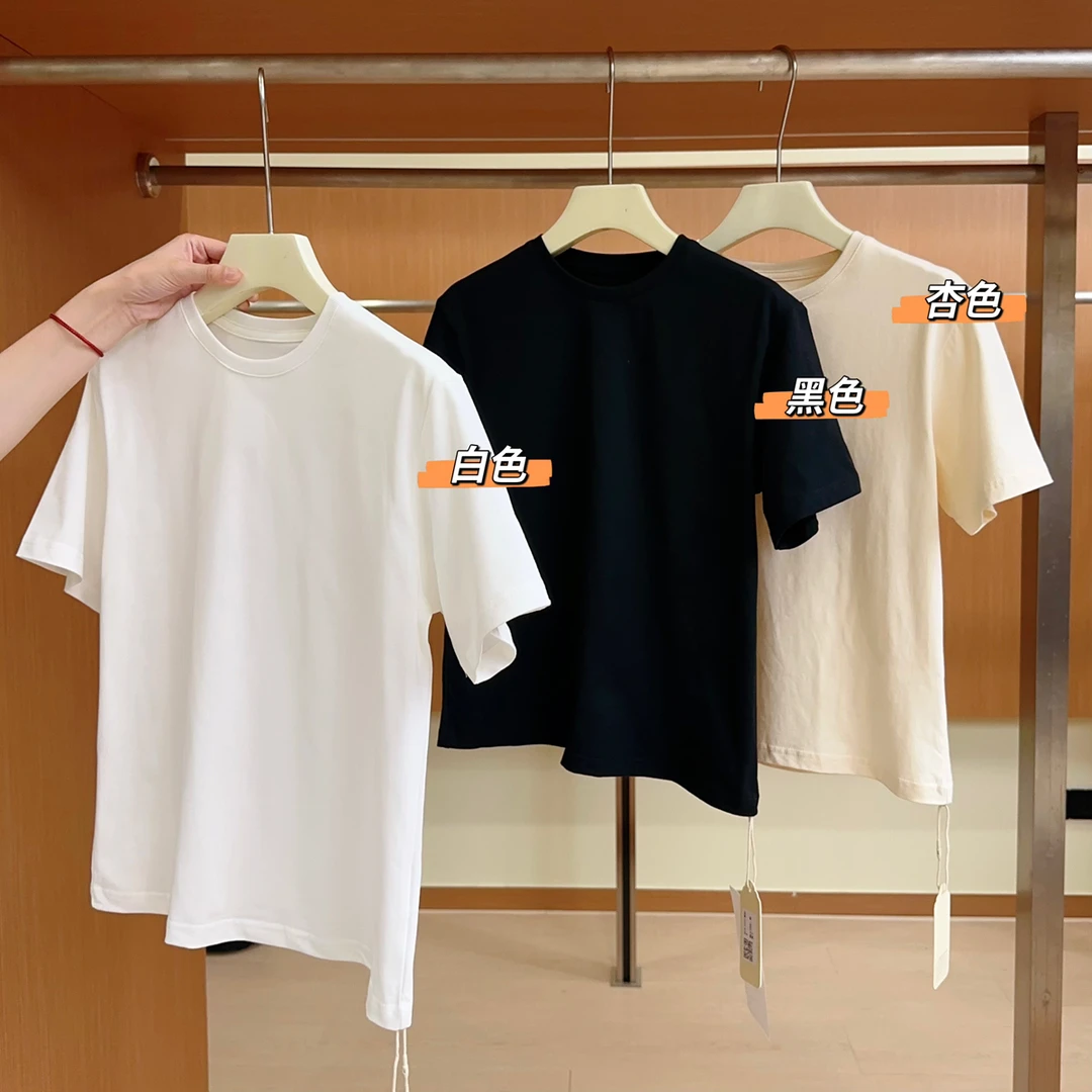 Q90纯色T恤女25夏季新款显瘦简约风圆领半袖T恤正肩宽松打底上衣