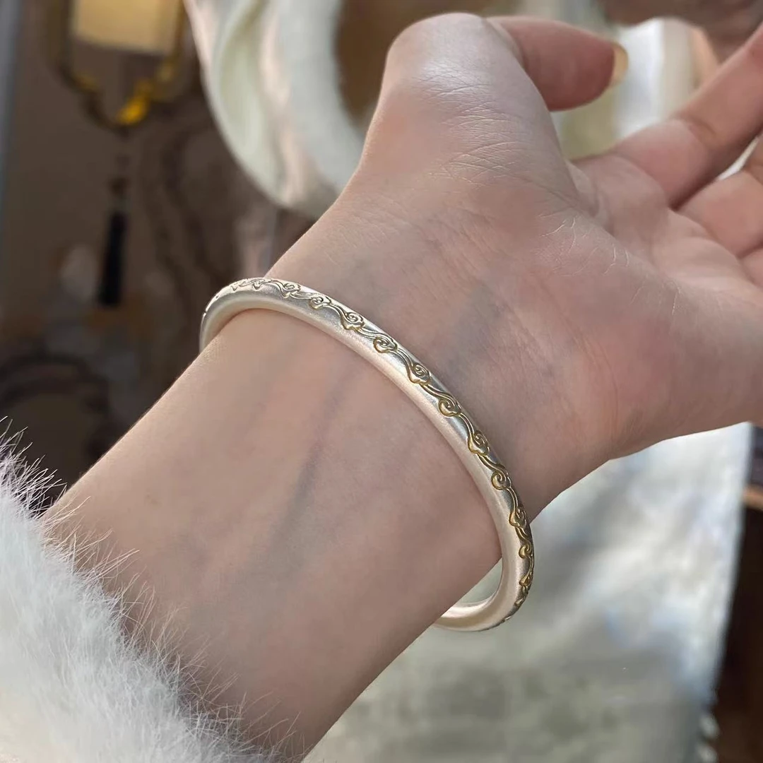 足银手镯 足银s9999 祥云纹描金开口手镯