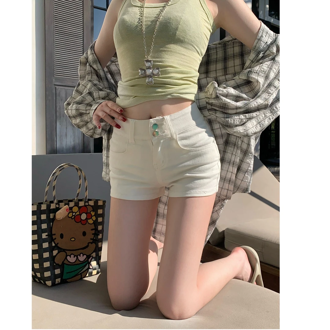 kumikumi设计感两粒扣休闲裤短裤女装春季高腰弹力修身直筒裤热裤