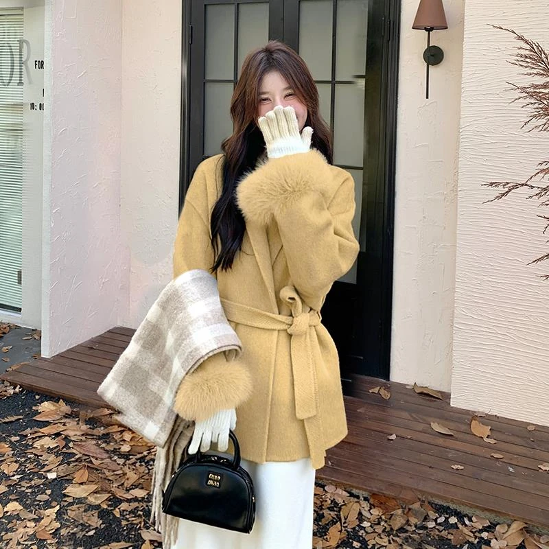 优雅温柔风黄色双面羊绒大衣女2025冬季款毛毛袖口中长款毛呢外套
