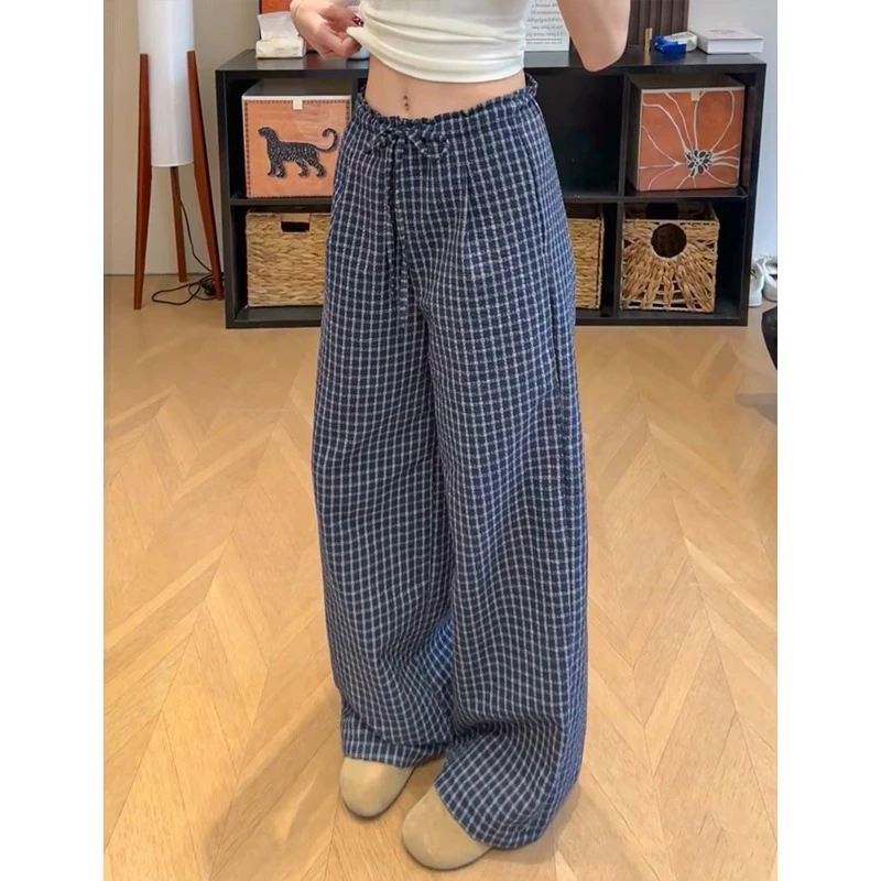 蓝色韩版木耳边格子休闲裤女2025夏季新款直筒高腰显瘦宽松阔腿裤