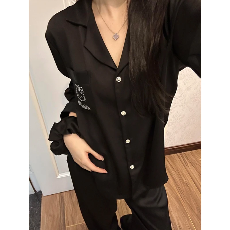 【Kitty烫钻】法式黑色冰丝睡衣女春秋季长袖长裤家居服套装可外穿