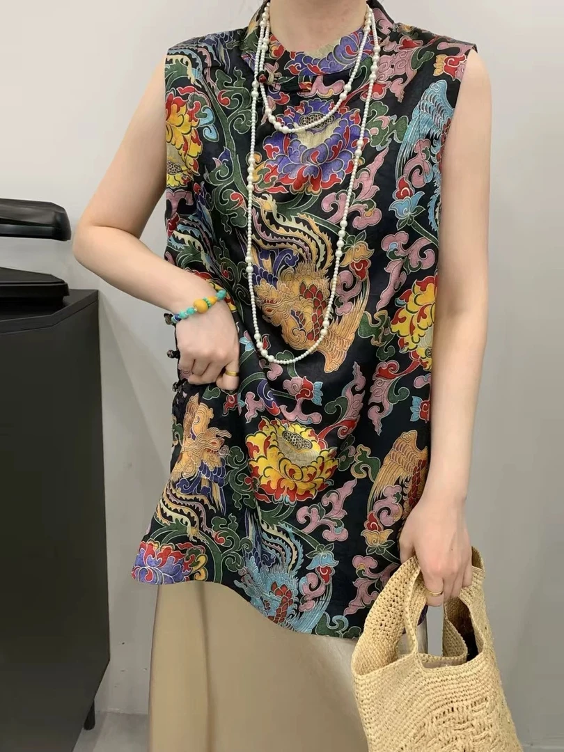 新中式盘扣砍袖2025夏季时尚显瘦气质无袖马甲复古重工印花背心