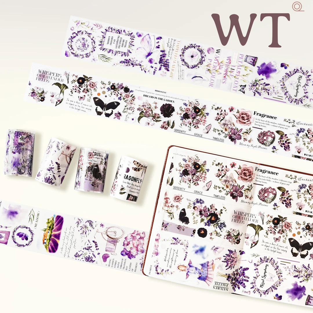 WT原创胶带 普罗旺斯 紫罗兰之夜 模切花朵和纸PET手帐胶带INS风