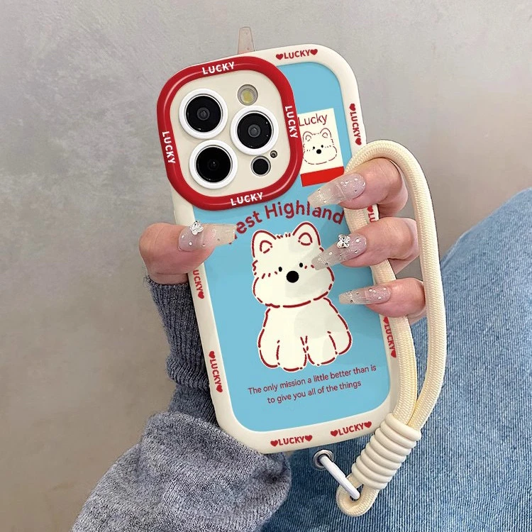 线条西高地适用苹果16promax手机壳iPhone15全包14挂绳13卡通12套