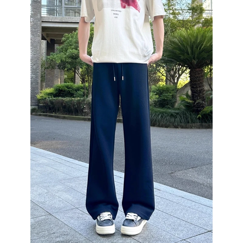 藏青色美式运动卫裤男款秋季重磅垂感弯刀裤子cleanfit微喇直筒裤