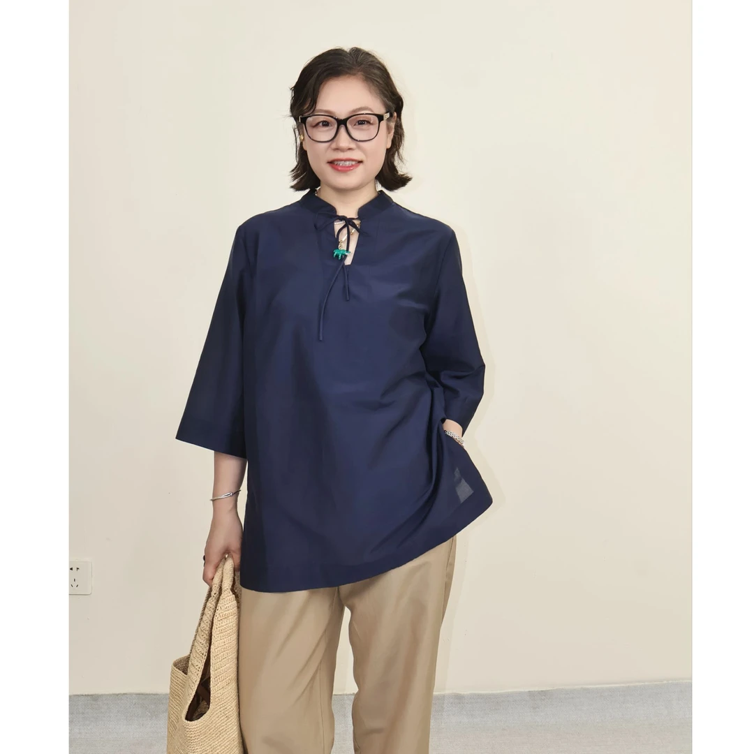 夏季桑蚕丝立领新中式宽松中袖衬衣