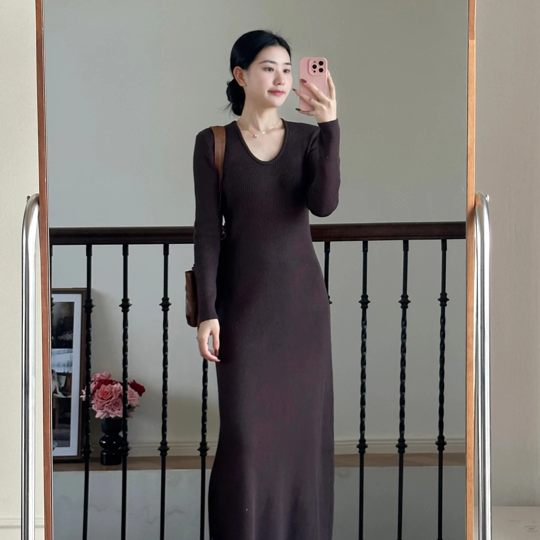 秋冬内搭深U领螺纹收腰显瘦针织连衣裙长裙冷淡风气质女条纹a字裙