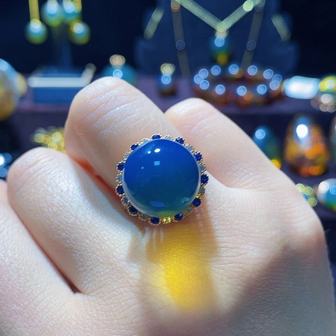 蓝珀戒指银S925镀金镶嵌戒指14m➕