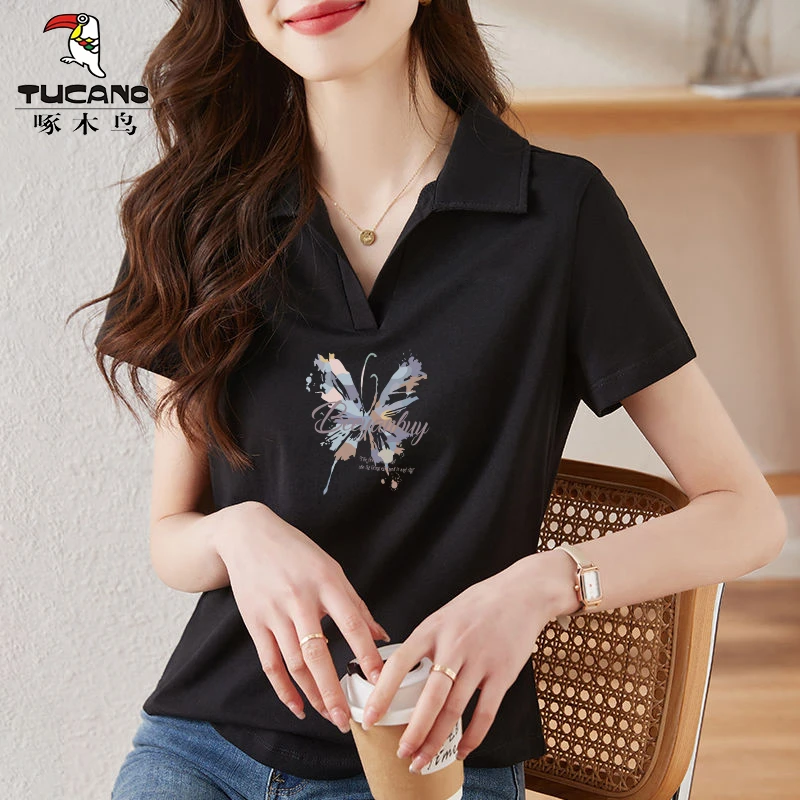 啄木鸟正品显瘦翻领上衣短袖t恤女设计感polo领潮流夏季新款小衫