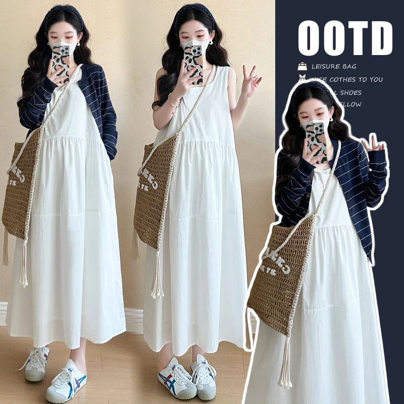 孕妇套装2025春夏新品套装韩版简约慵懒风背心裙+蓝色开衫两件套