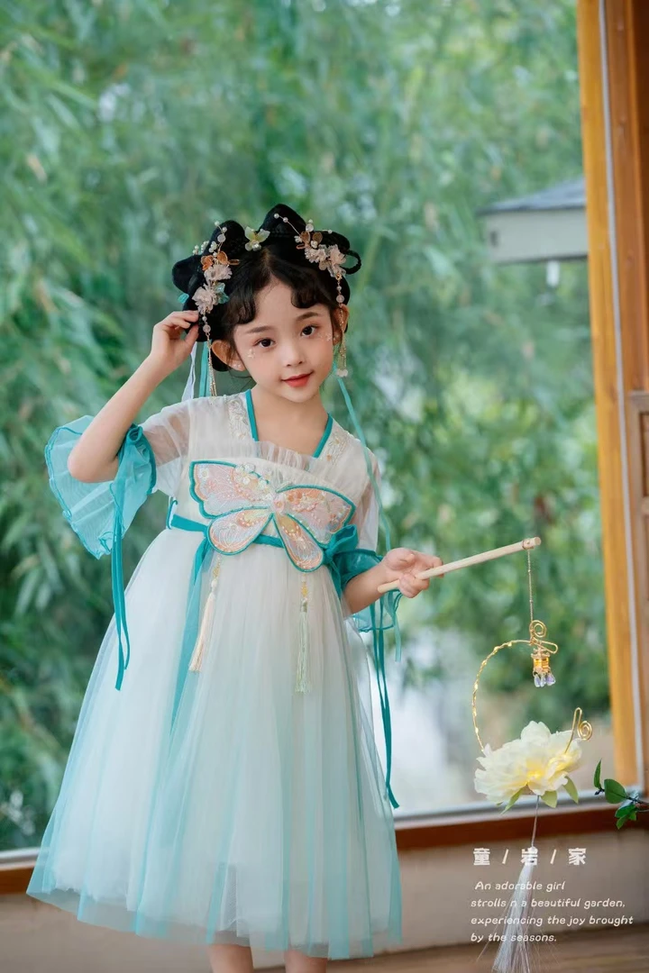 0033甜汐夏季新款国风珍珠蝴蝶刺绣网纱连衣裙