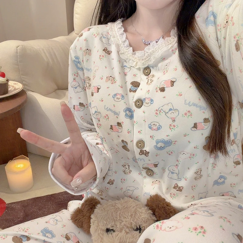 提花领碎花狗带胸垫睡衣女秋冬季德绒长袖韩版加厚保暖家居服套装