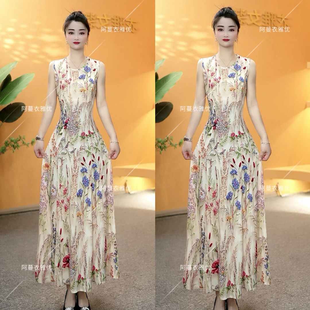 【衣雅严选】8207-1549#新款无袖长款丝光弹力缎面气质显瘦连衣裙