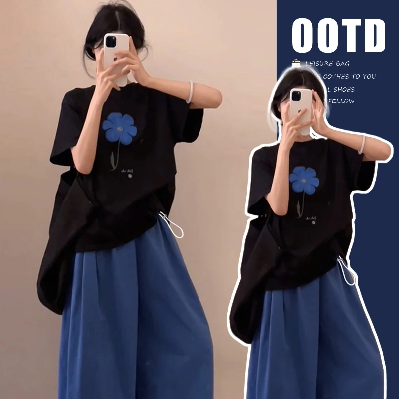 孕妇装夏装套装2025新款印花T恤抽绳阔腿灯笼外穿薄款两件套夏季