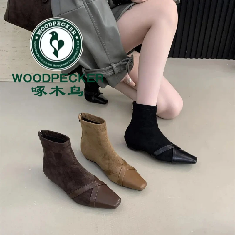 啄木鸟2025秋冬网红新复古绒面底短靴瘦瘦靴拼接跟短筒踝靴弹力靴