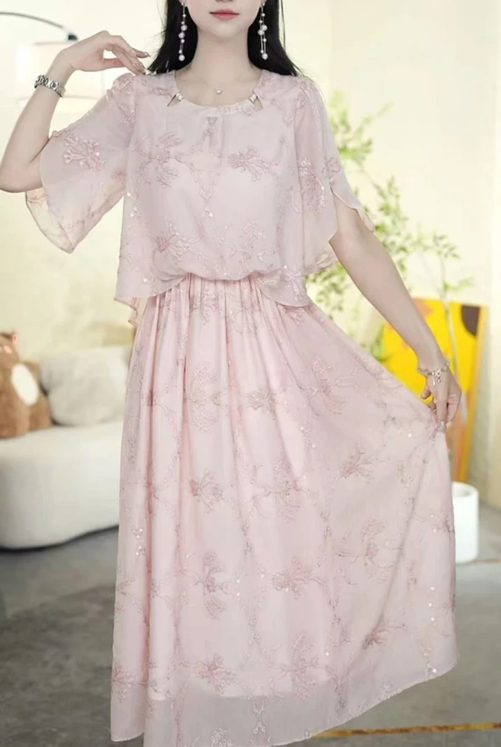 T1574长款套头中长裙简约夏季中腰宽松连衣裙女装碎花蕾丝