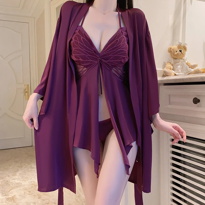 ［桃涩甄选］性感蕾丝缎面蝴蝶口诱惑露背连衣裙蝴蝶