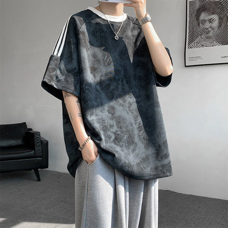 美式扎染短袖T恤男夏季新款复古潮流痞帅高街宽松条纹半截袖上衣