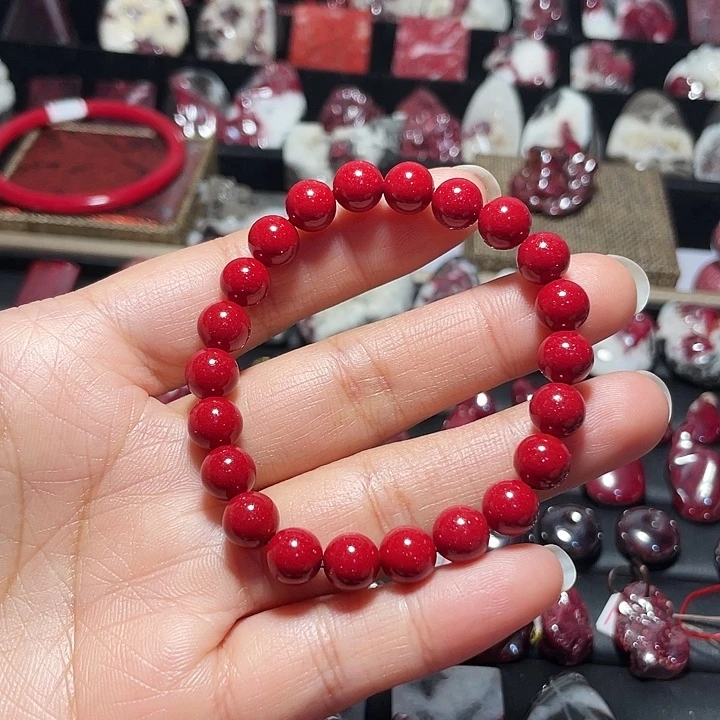 天然辰砂晶粉砂手链8mm