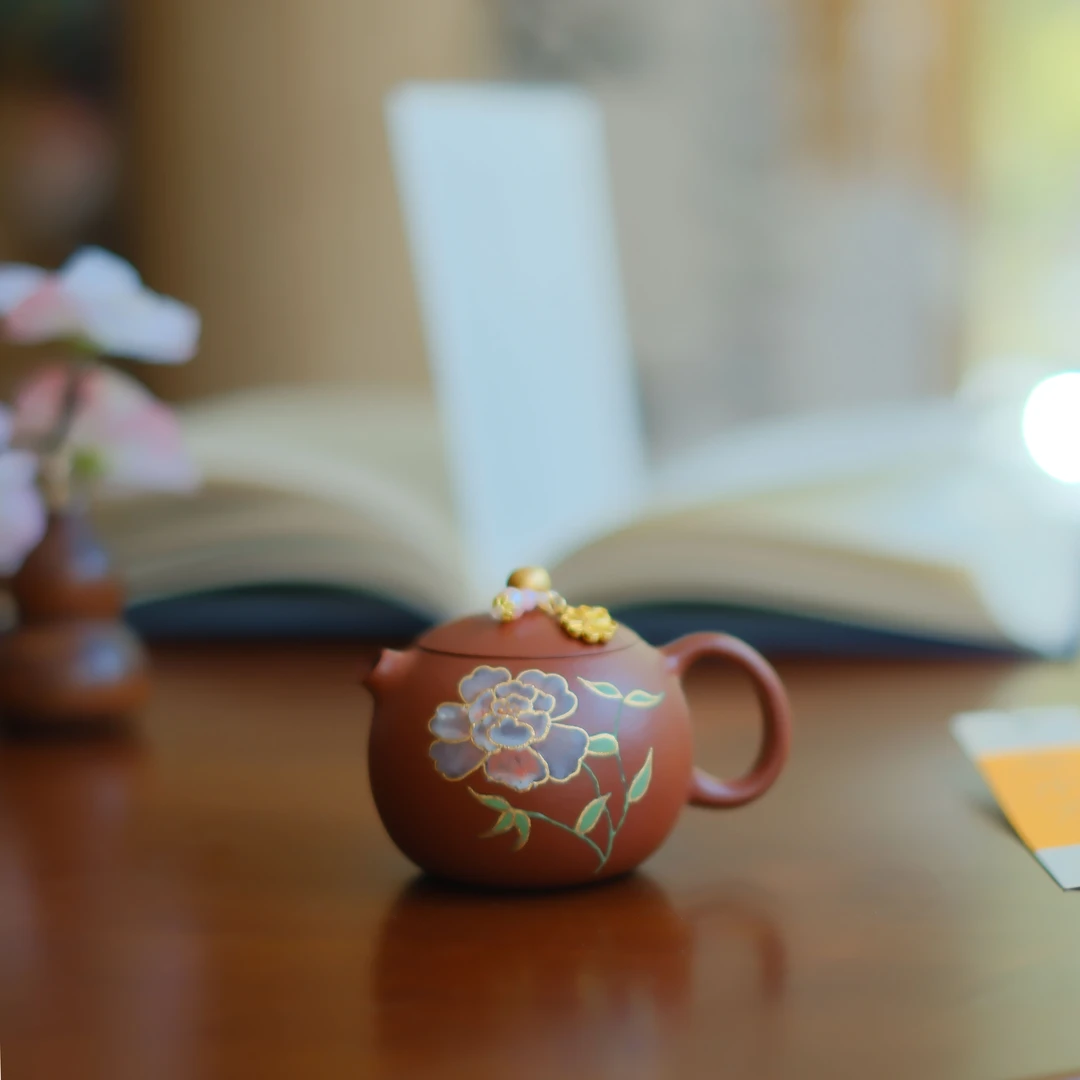 大碗茶器【描金·西施】半手工·朱泥·内推球孔·130cc·原矿手绘紫砂壶