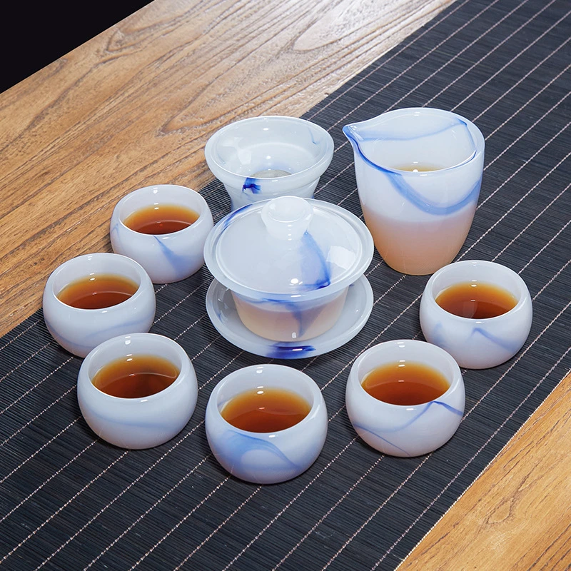 元青花高档冰种玉瓷琉璃新款茶具套装简约家用办公室送礼玻璃套组