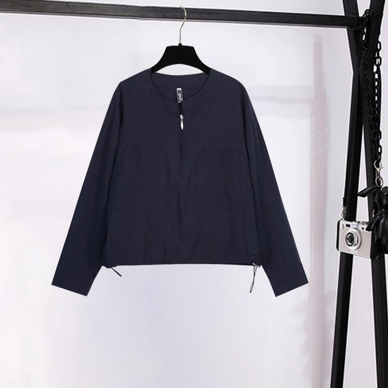 小个子时尚洋气纯色圆领半拉链衬衫抽褶下摆显瘦遮肉百搭长袖上衣