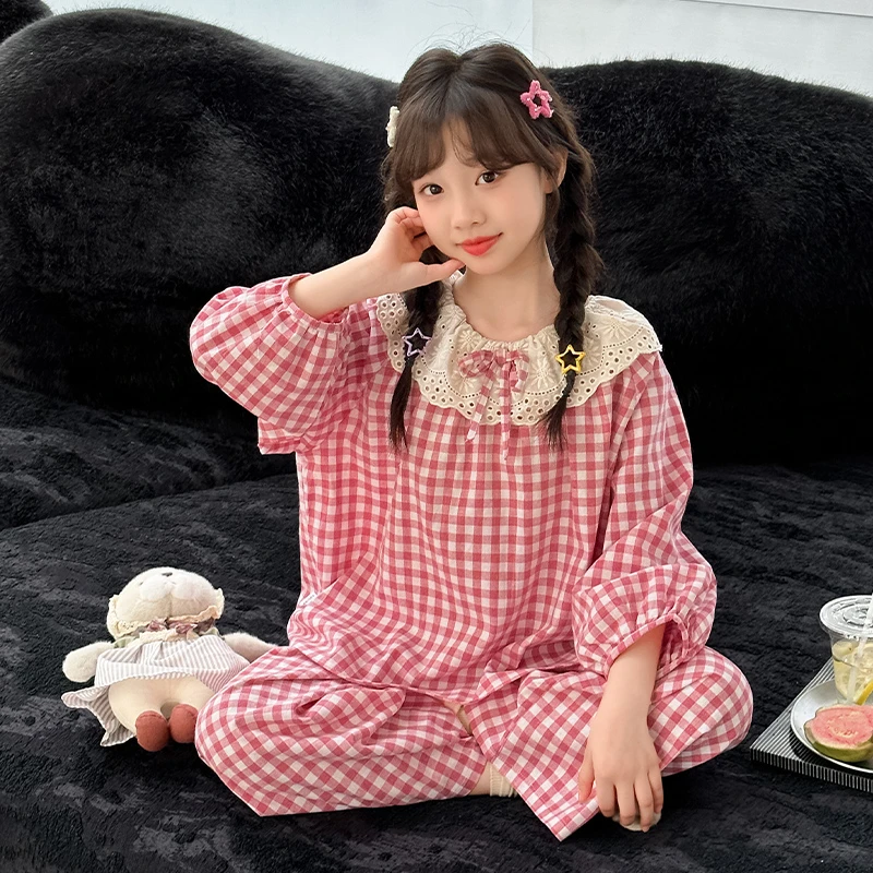儿童甜美蕾丝娃娃领格子睡衣女童春秋薄款外穿家居服女孩公主套装