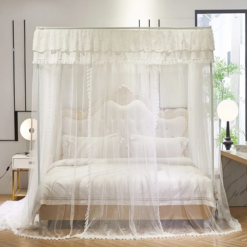 家用卧室加厚加粗欧式浪漫蕾丝花边公主风三开门落地款蚊帐玥