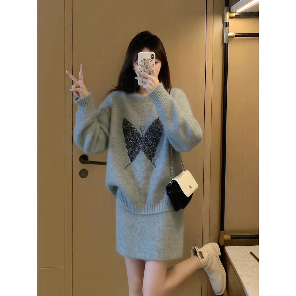 2025秋冬新款韩系巨好看慵懒风时尚百搭宽松针织毛衣半身裙两件套