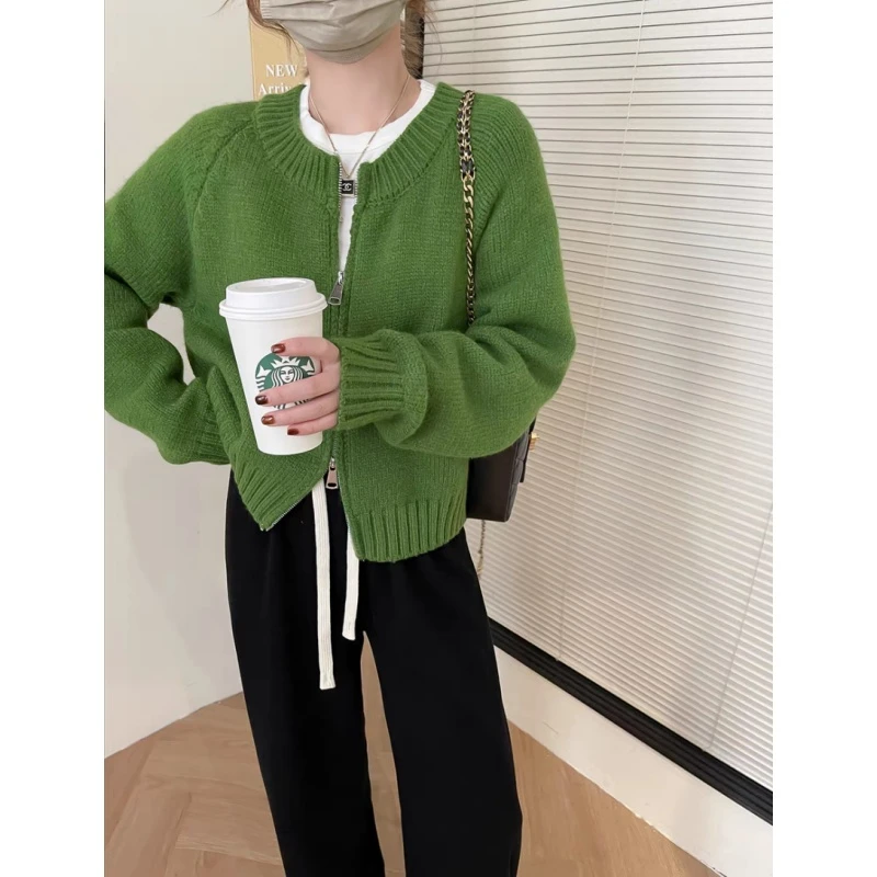 春季新品韩系简约针织加厚圆领绿色开衫女