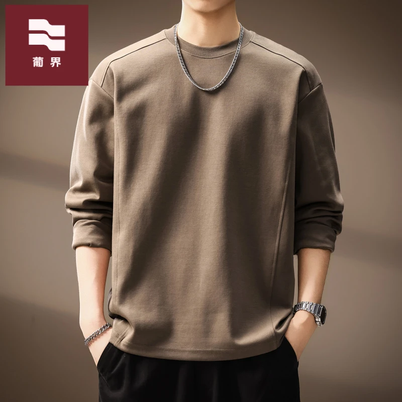 高端重磅纯色拼接设计长袖T恤男秋季新款宽松休闲肌理感圆领体恤