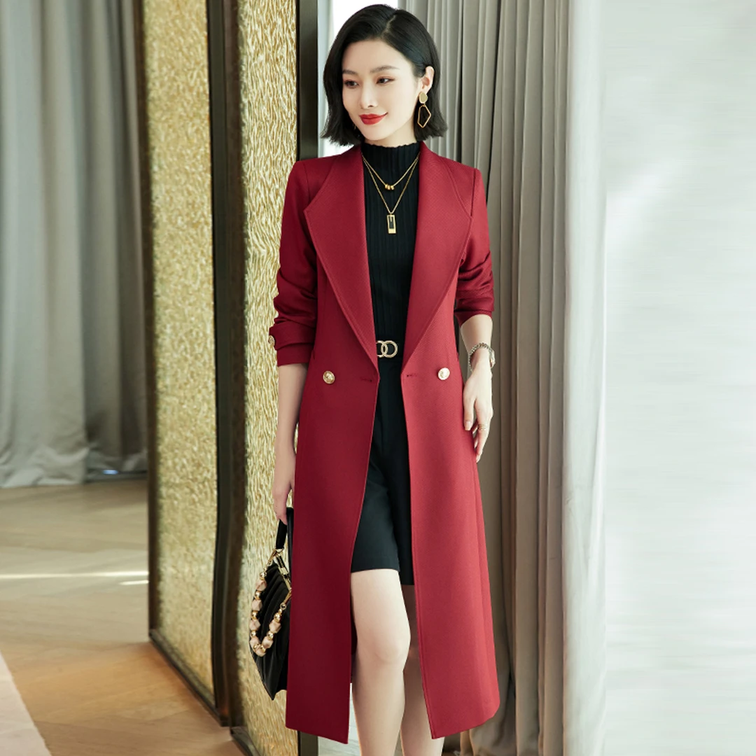 红色中长款风衣外套女2025新款春秋高级感气质职业装西服连衣裙