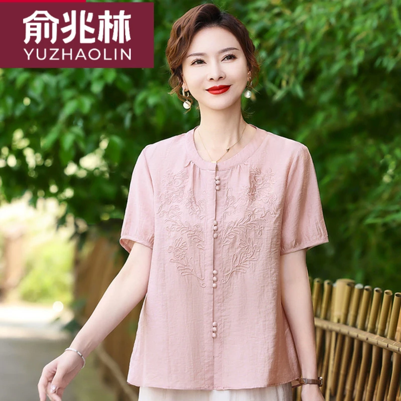 俞兆林中老年人女妈妈装2025夏季纯色棉绣花T恤衬衫贵夫人奶奶上