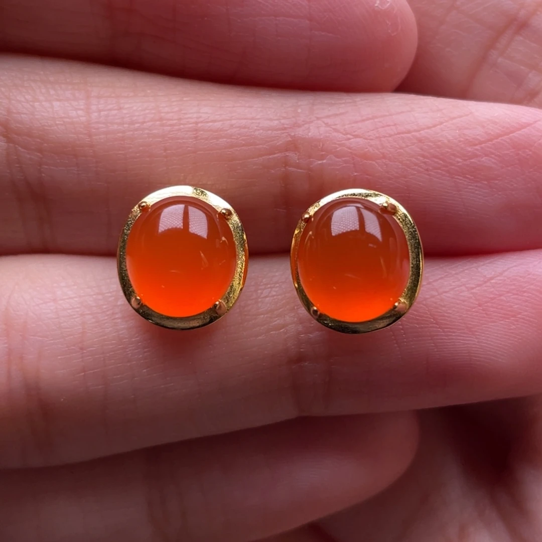 南红玛瑙银S925镶嵌珠宝奇石耳钉