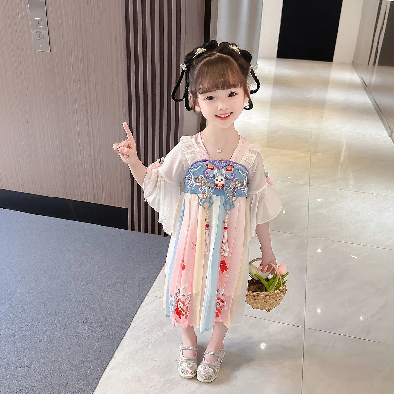 小女孩新中式古风表演裙女童夏季国风汉服裙超仙儿童襦裙超萌可爱