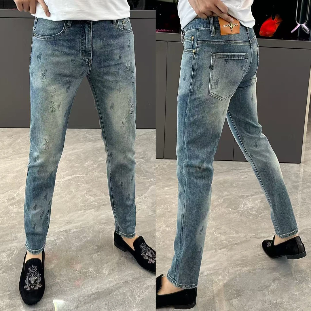 男裤春季新款牛仔裤男时尚百搭个性小脚裤男潮流印花修身男士长裤