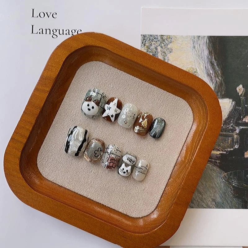 纯手工气质显白高级感穿戴甲手捏卡通可爱小猫小狗指甲贴片可拆卸