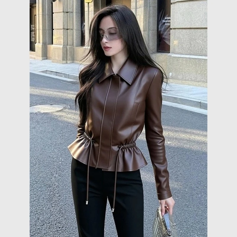 咖色皮衣外套女2025新款秋又酷又飒减龄气质高端抽绳收腰短款上衣