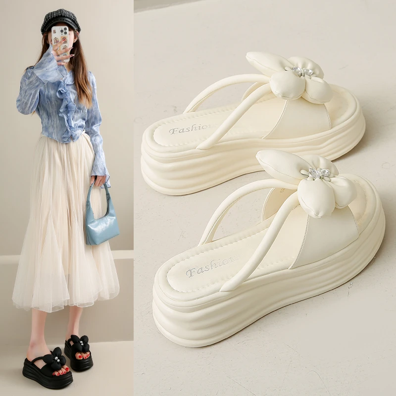 仙女风厚底凉拖鞋女款外穿2025夏新款凉鞋小个子绝美沙滩一字拖鞋