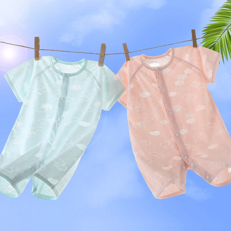 婴儿夏季短袖连体衣宝宝无骨短袖透气超薄款烧花工艺居家空调服