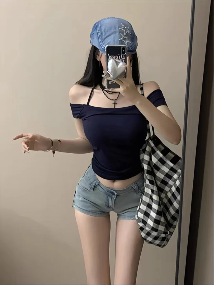 【青仓】夏季辣妹挂脖斜肩一字肩短袖女绑带修身显瘦性感上衣女3002
