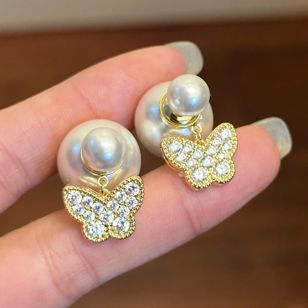 铜合金仿珍珠耳饰 E0081轻奢小众简约精致个性ins两戴百搭蝴蝶